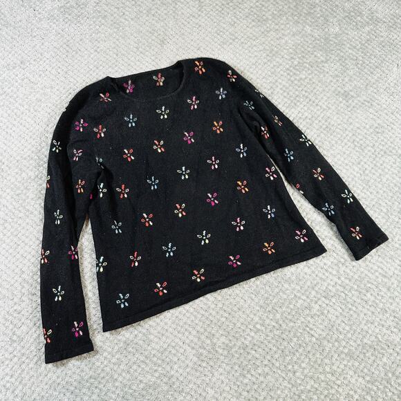 Talbots Pure 100% Cashmere Black Colorful Flower Print Crewneck Sweater L - Picture 1 of 6
